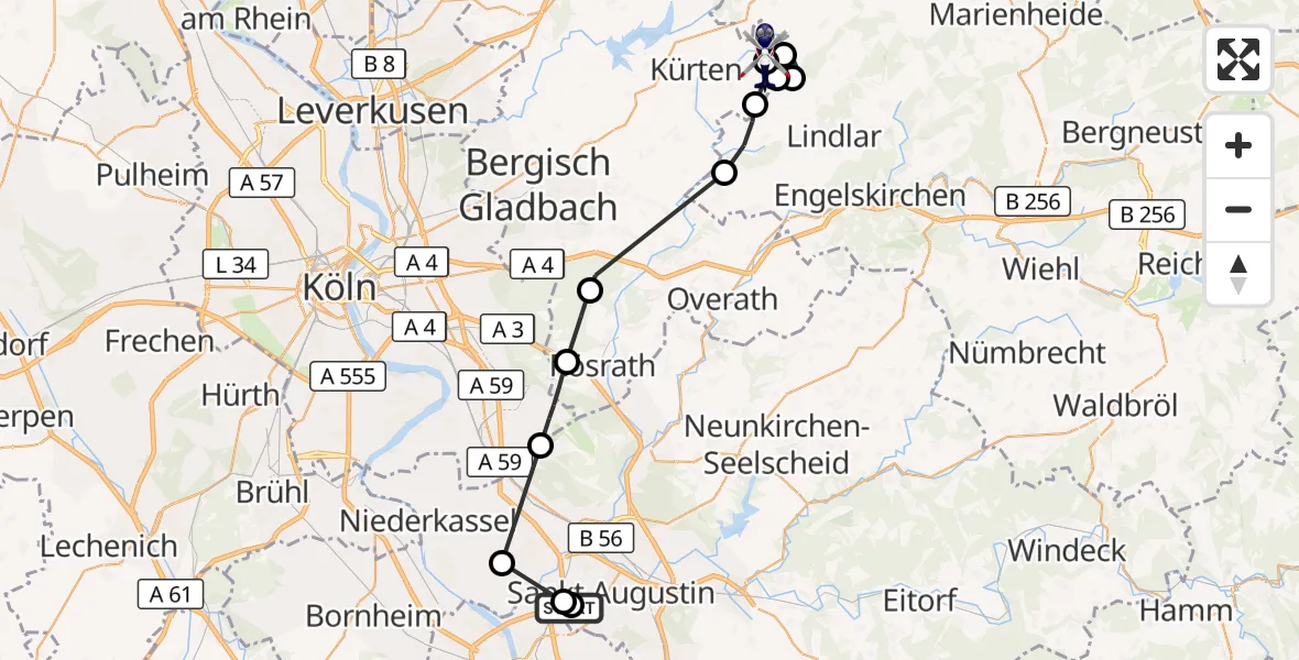 Flugroute Polizeihubschrauber Sankt Augustin - Kürten, 07 August 2026, 07:12