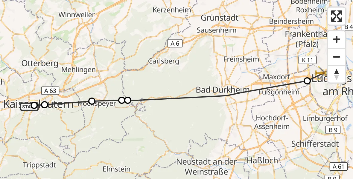 Flugroute Rettungshubschrauber Kaiserslautern - Ludwigshafen Accident Hospital, 07 August 2026, 07:14