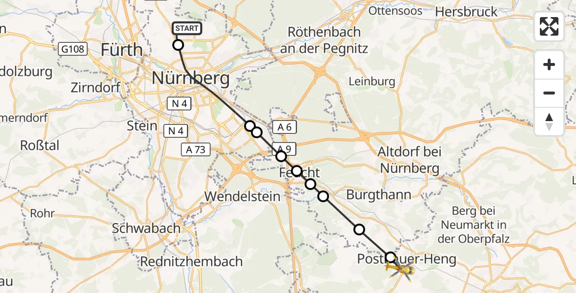Flugroute Ambulanzhubschrauber Flughafen Nuremberg - Postbauer-Heng, 07 August 2026, 07:36