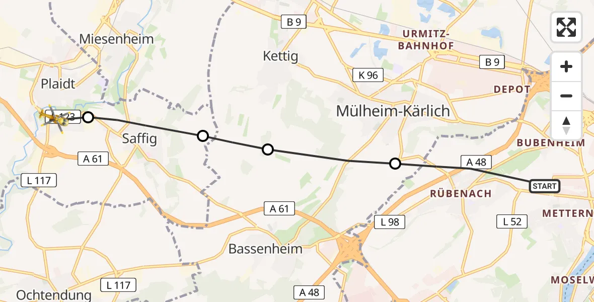 Flugroute Rettungshubschrauber Koblenz - Plaidt, 07 August 2026, 07:37