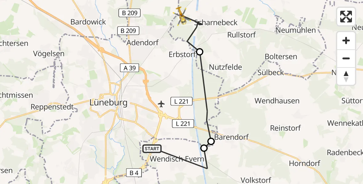 Flugroute Rettungshubschrauber Wendisch Evern - Scharnebeck, 07 August 2026, 07:38