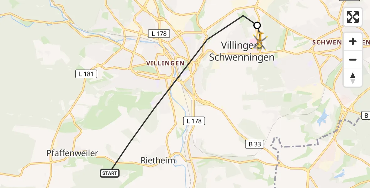 Flugroute Ambulanzhubschrauber Villingen-Schwenningen - DRF Air Rescue Station Villingen-Schwenningen Hubschrauberlandeplatz (Christoph 11), 07 August 2026, 07:40