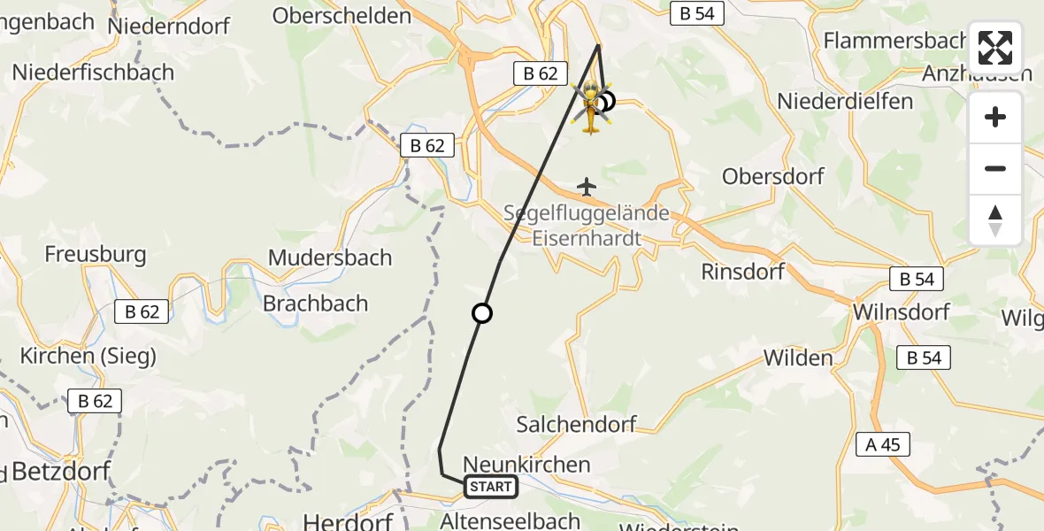 Flugroute Rettungshubschrauber Neunkirchen - Evangelisches Jung-Stilling Hospital, 07 August 2026, 07:45