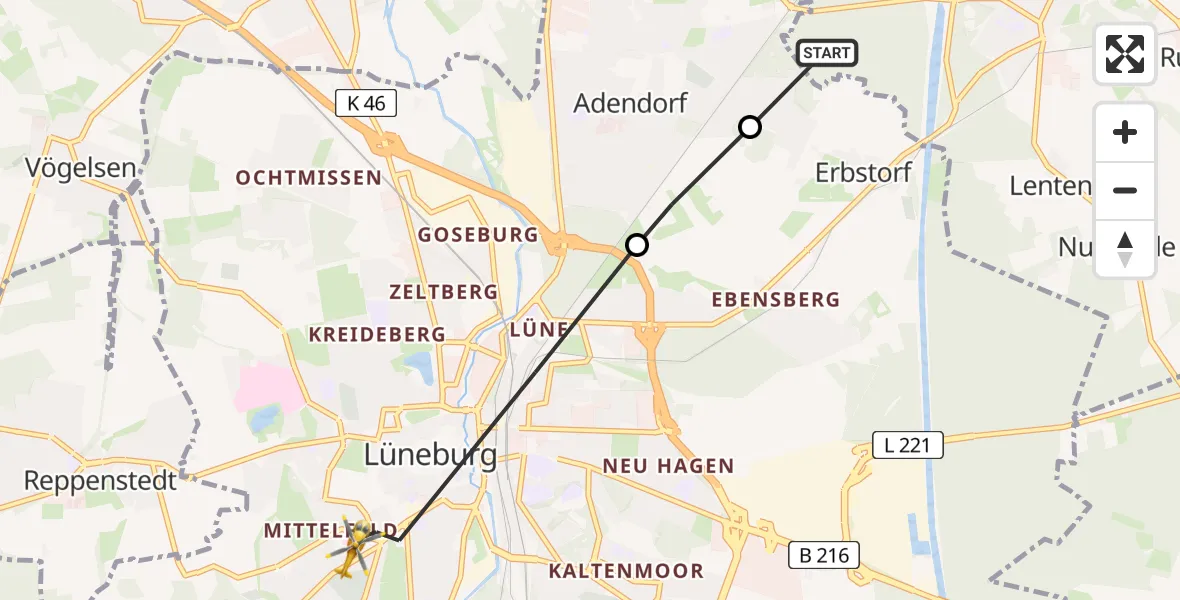 Flugroute Rettungshubschrauber Scharnebeck - Lüneburg, 07 August 2026, 08:04