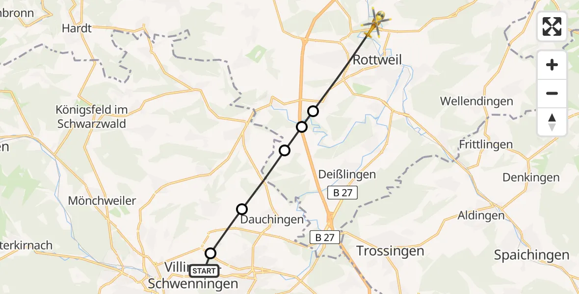 Flugroute Ambulanzhubschrauber DRF Air Rescue Station Villingen-Schwenningen Hubschrauberlandeplatz (Christoph 11) - Rottweil, 07 August 2026, 08:11