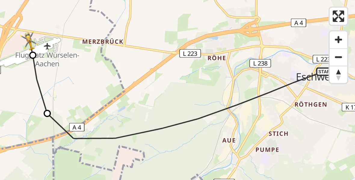 Flugroute Rettungshubschrauber Eschweiler - Aachen-Merzbrück Flughafen, 07 August 2026, 08:21