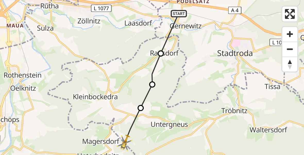 Flugroute Rettungshubschrauber Stadtroda - Unterbodnitz, 07 August 2026, 08:35