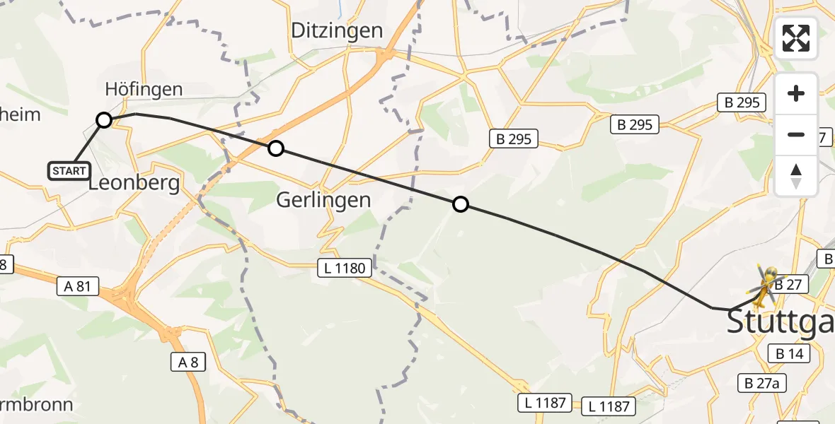 Flugroute Rettungshubschrauber Leonberg Hospital - Stuttgart, 07 August 2026, 08:35