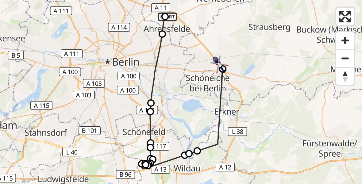 Flugroute Polizeihubschrauber Ahrensfelde Hubschrauberlandeplatz - Fredersdorf-Vogelsdorf, 07 August 2026, 08:43