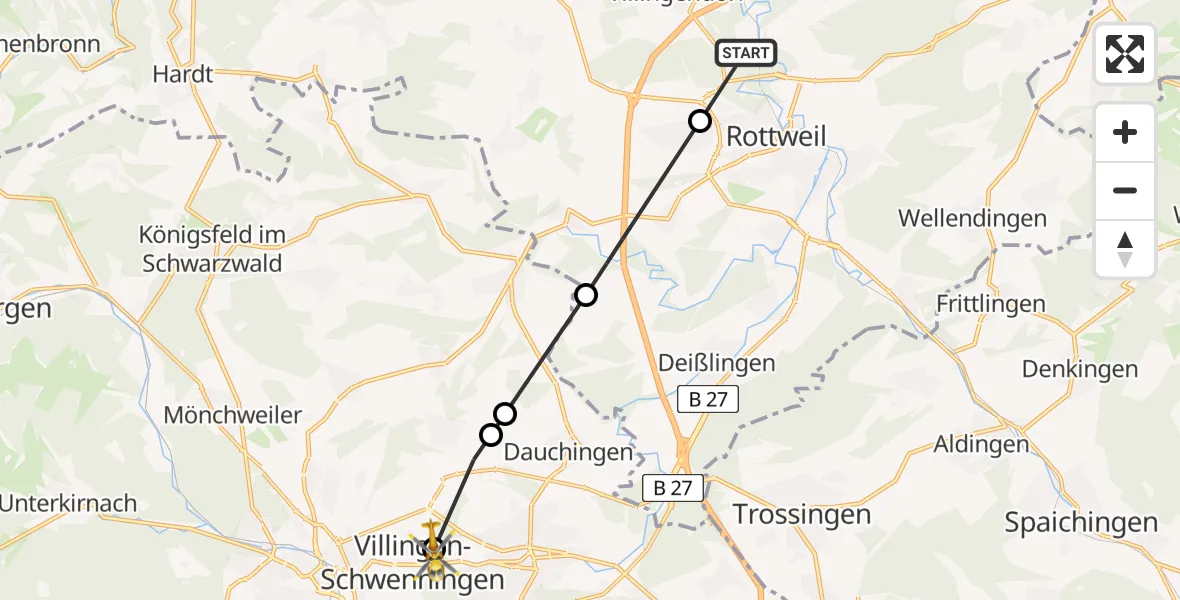 Flugroute Ambulanzhubschrauber Rottweil - DRF Air Rescue Station Villingen-Schwenningen Hubschrauberlandeplatz (Christoph 11), 07 August 2026, 09:01