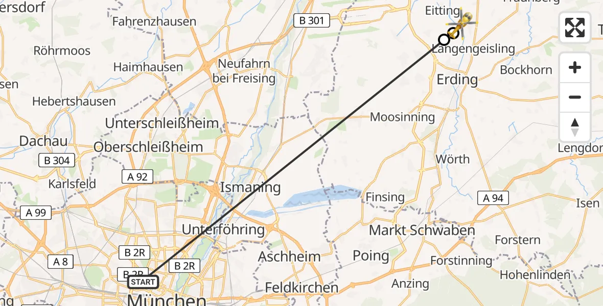 Flugroute Rettungshubschrauber Deutsches Herzzentrum München - Erding, 07 August 2026, 09:17
