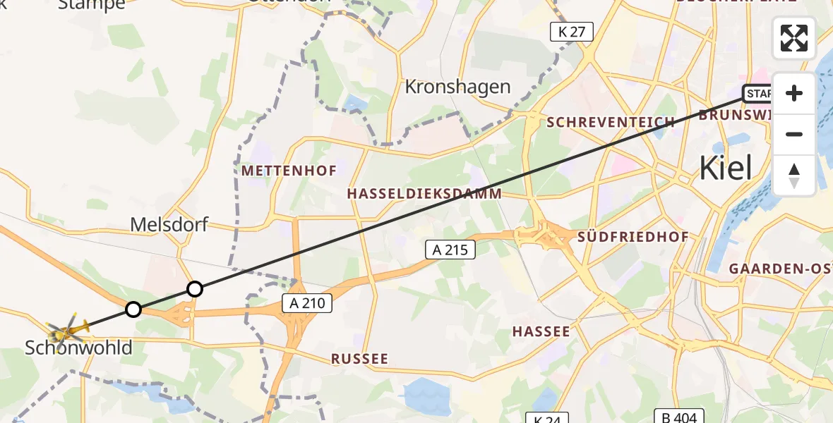 Flugroute Ambulanzhubschrauber Kiel - Achterwehr, 07 August 2026, 09:23