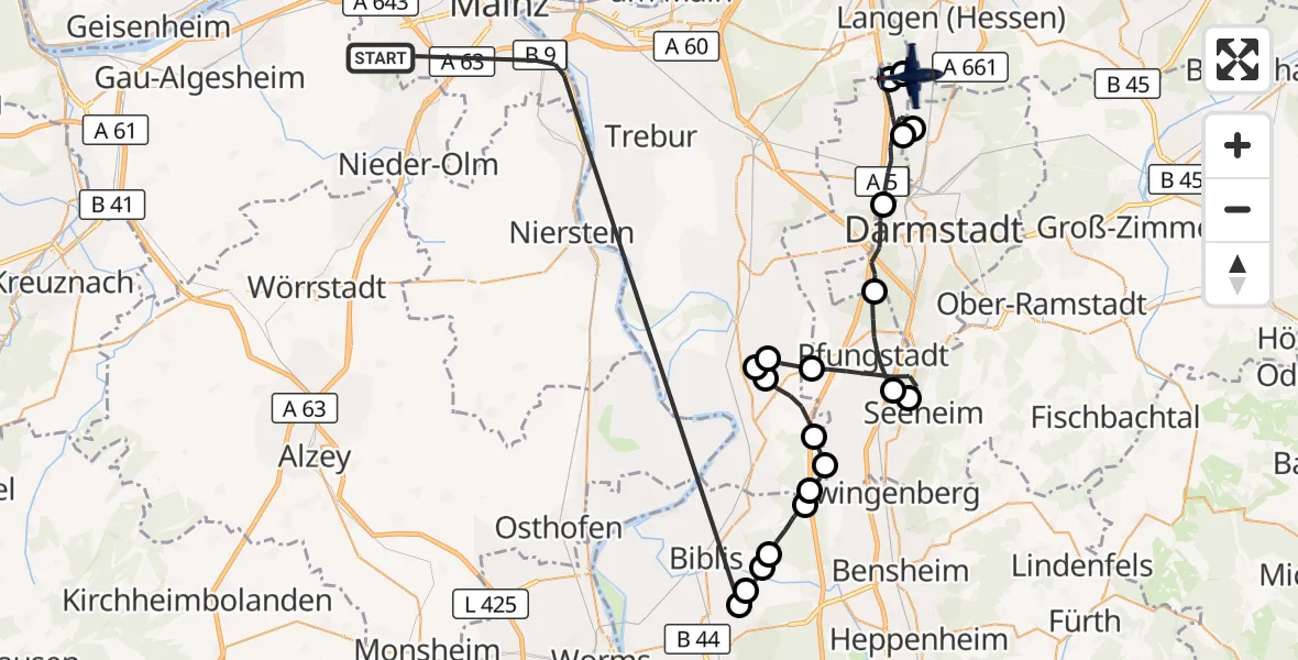 Flugroute Polizeiflugzeug Mainz - Flughafen Frankfurt-Egelsbach, 07 August 2026, 09:23