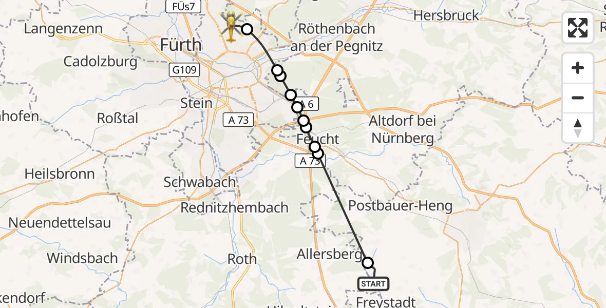 Flugroute Ambulanzhubschrauber Freystadt - Flughafen Nuremberg, 07 August 2026, 09:26