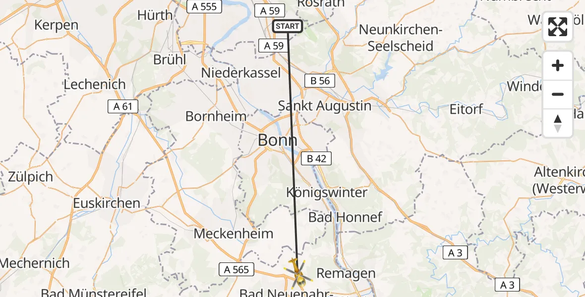 Flugroute Rettungshubschrauber Köln Bonn Flughafen - Grafschaft, 07 August 2026, 09:31