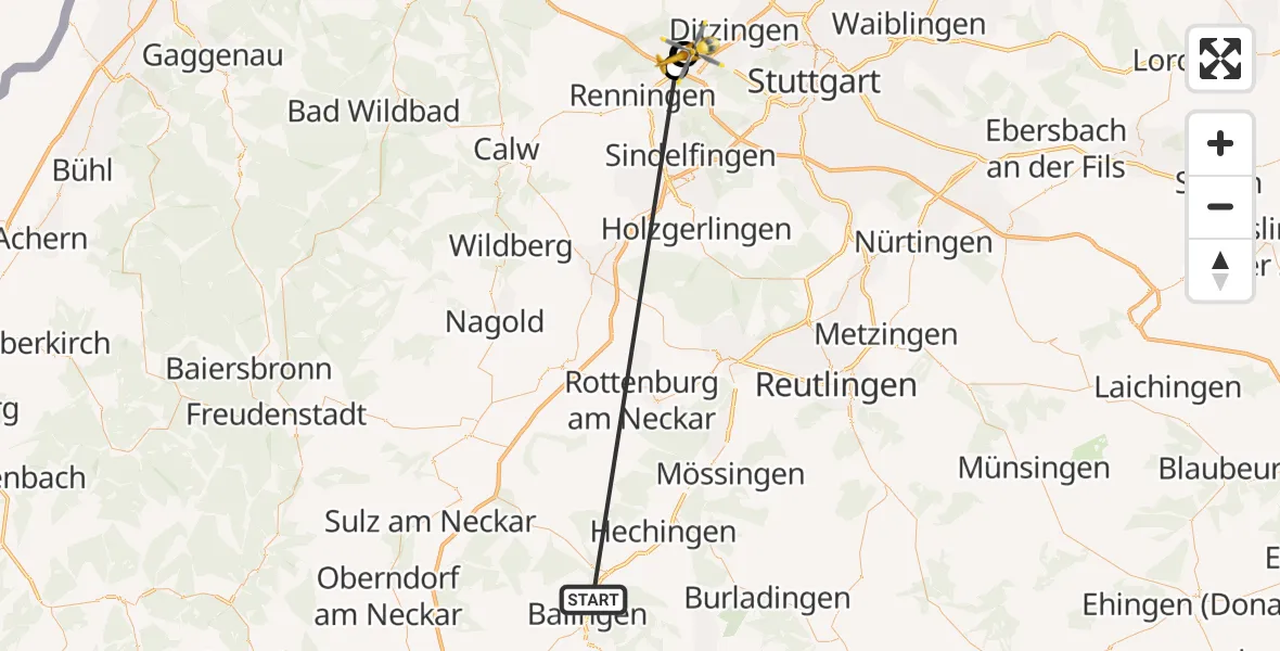 Flugroute Rettungshubschrauber Balingen - Leonberg Hospital, 07 August 2026, 09:31