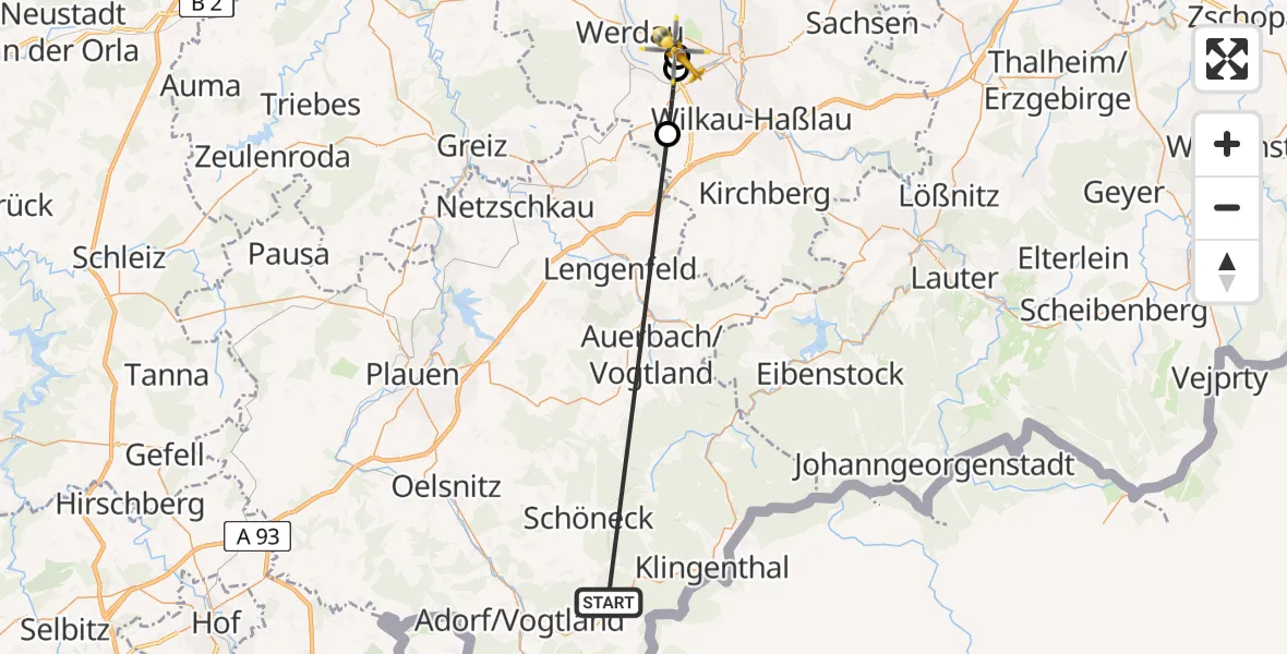 Flugroute Rettungshubschrauber Markneukirchen - ADAC Air Rescue Station Zwickau Hubschrauberlandeplatz, 07 August 2026, 09:38