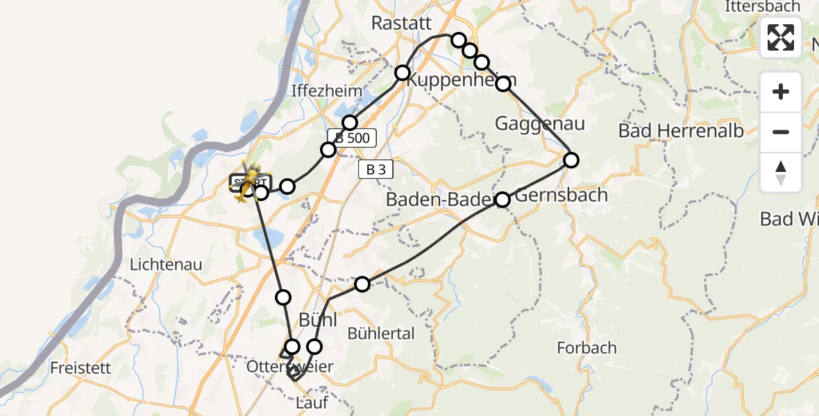 Flugroute Rettungshubschrauber Karlsruhe Baden-Baden Flughafen - Karlsruhe Baden-Baden Flughafen, 07 August 2026, 09:45