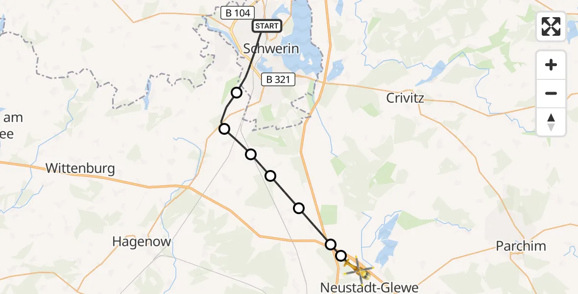 Flugroute Rettungshubschrauber Schwerin - Neustadt-Glewe, 07 August 2026, 10:01