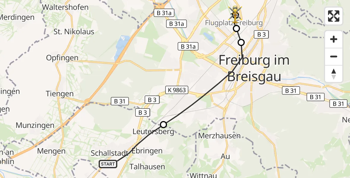 Flugroute Ambulanzhubschrauber Schallstadt - Freiburg im Breisgau Flugplatz, 07 August 2026, 10:07