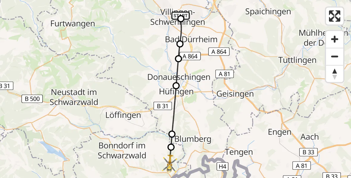 Flugroute Ambulanzhubschrauber DRF Air Rescue Station Villingen-Schwenningen Hubschrauberlandeplatz (Christoph 11) - Stühlingen, 07 August 2026, 10:09