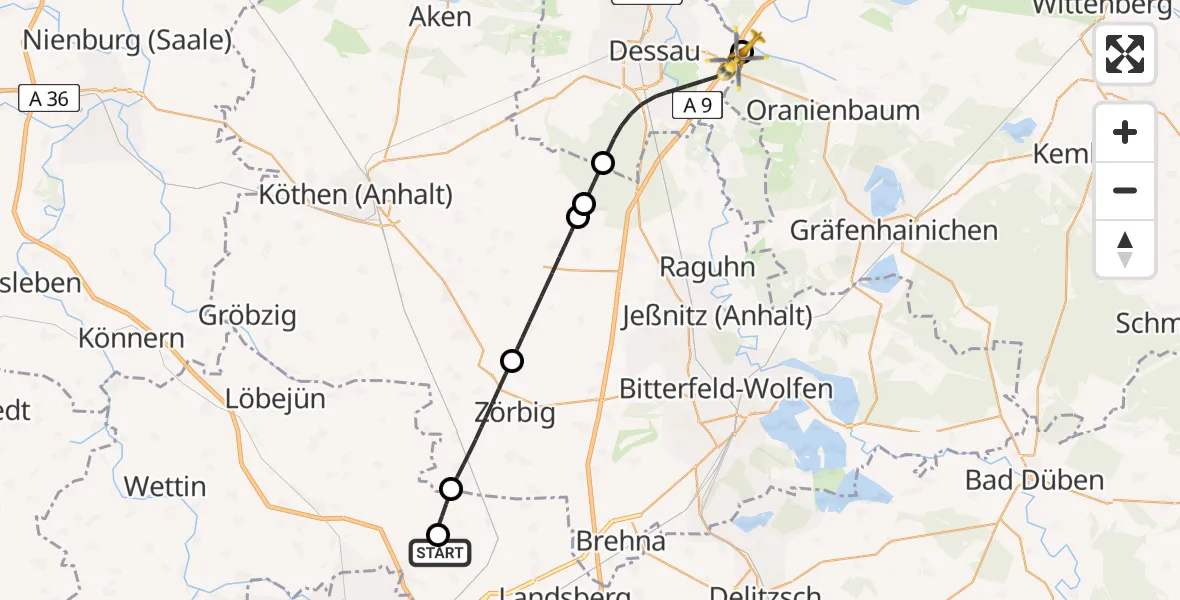 Flugroute Rettungshubschrauber Halle-Oppin Flugplatz - Oranienbaum-Wörlitz, 07 August 2026, 10:24