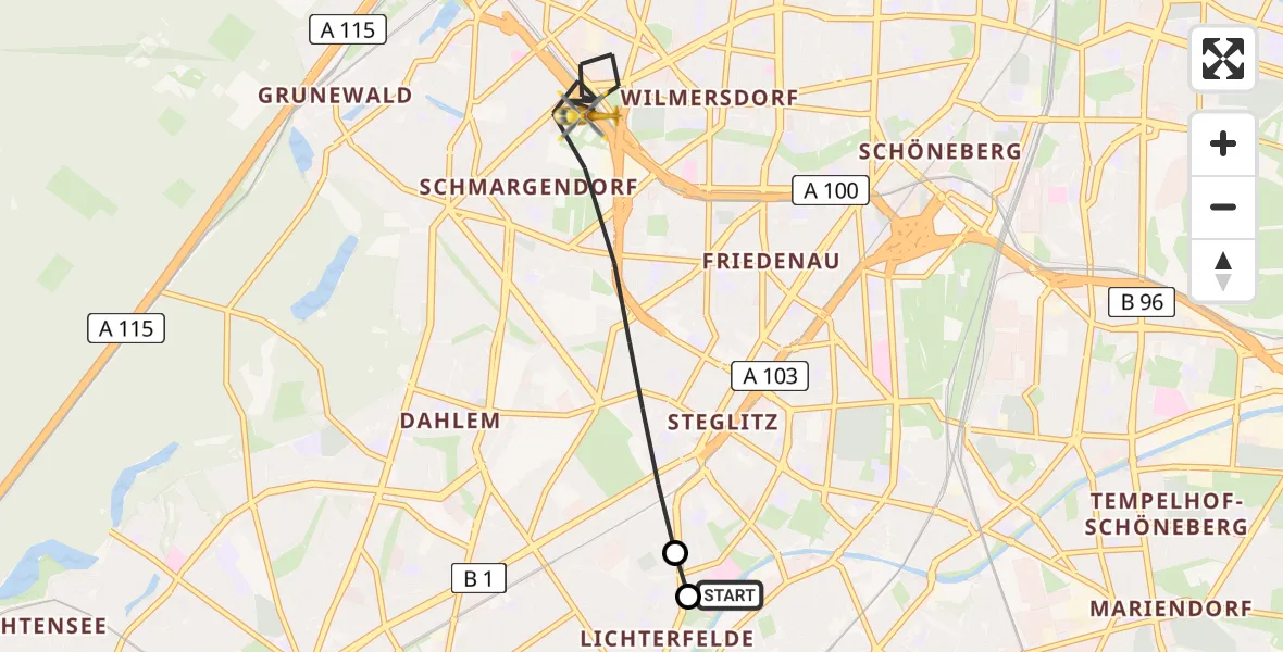 Flugroute Rettungshubschrauber Charité Clinic Benjamin Franklin Campus - Berlin, 07 August 2026, 10:27