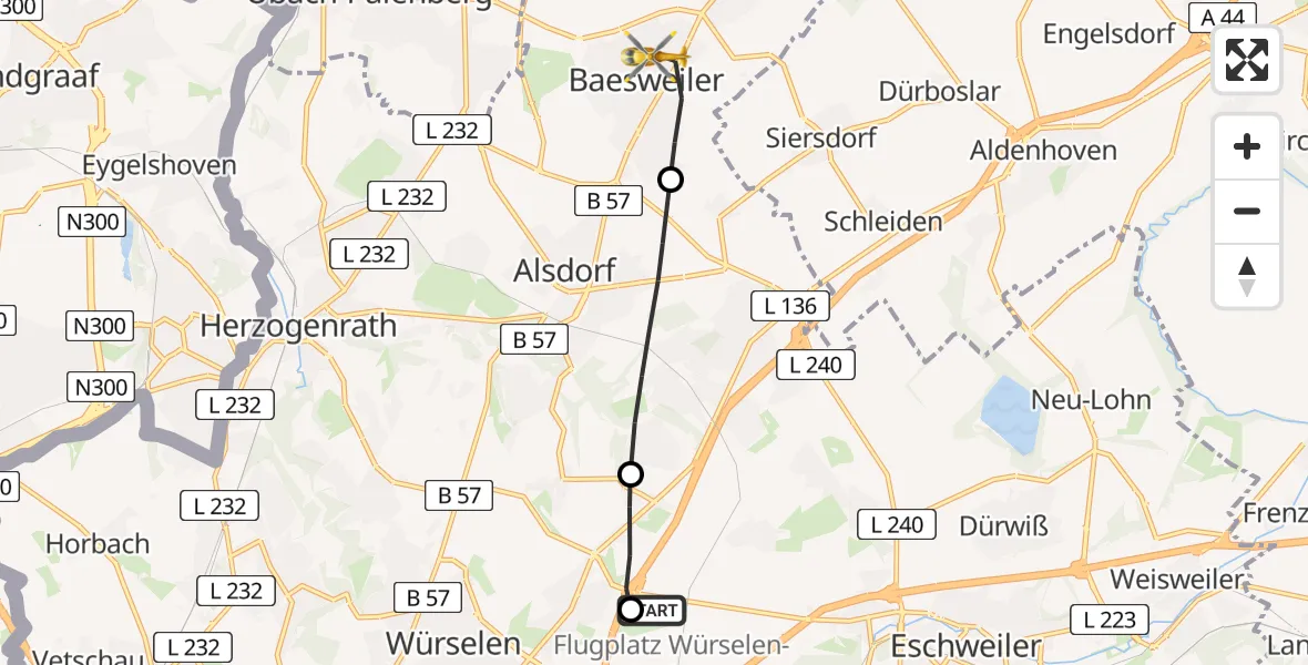 Flugroute Rettungshubschrauber Aachen-Merzbrück Flughafen - Baesweiler, 07 August 2026, 10:29