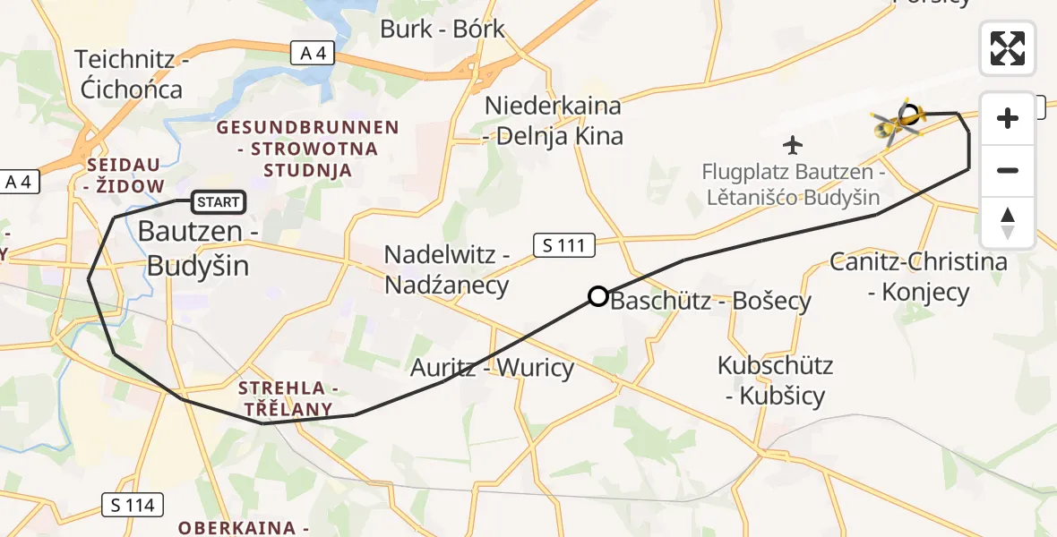 Flugroute Rettungshubschrauber Bautzen - Bautzen Flugplatz, 07 August 2026, 10:35