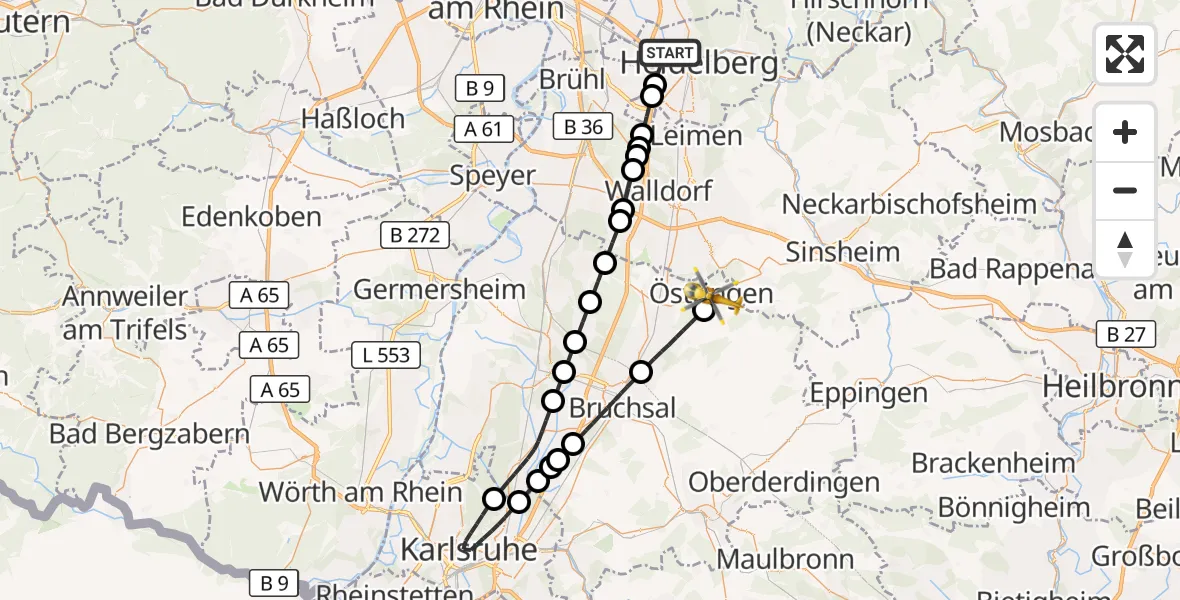 Flugroute Ambulanzhubschrauber Heidelberg - Östringen, 07 August 2026, 10:38