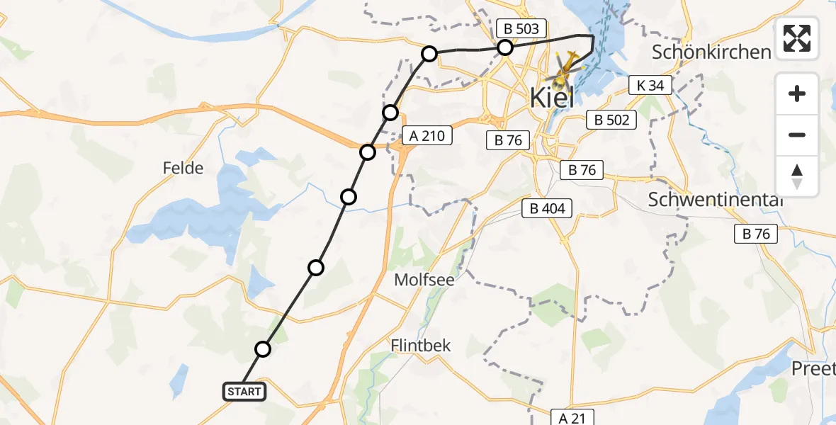 Flugroute Ambulanzhubschrauber Langwedel - Kiel, 07 August 2026, 10:49