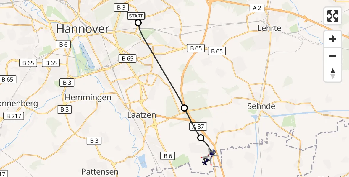 Flugroute Polizeihubschrauber Hannover Luftrettung Hubschrauberlandeplatz (Christoph 4) - Laatzen, 07 August 2026, 10:50