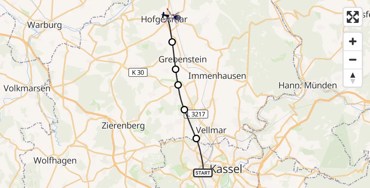 Flugroute Polizeihubschrauber Kassel - Hofgeismar, 07 August 2026, 10:50