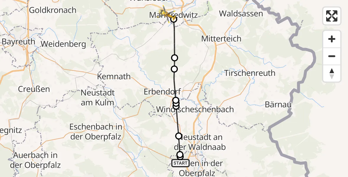 Flugroute Ambulanzhubschrauber Weiden i.d.OPf. - Fichtelgebirge Hospital Marktredwitz, 07 August 2026, 10:51