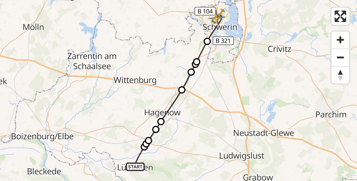 Flugroute Rettungshubschrauber Lübtheen - Schwerin, 07 August 2026, 11:04