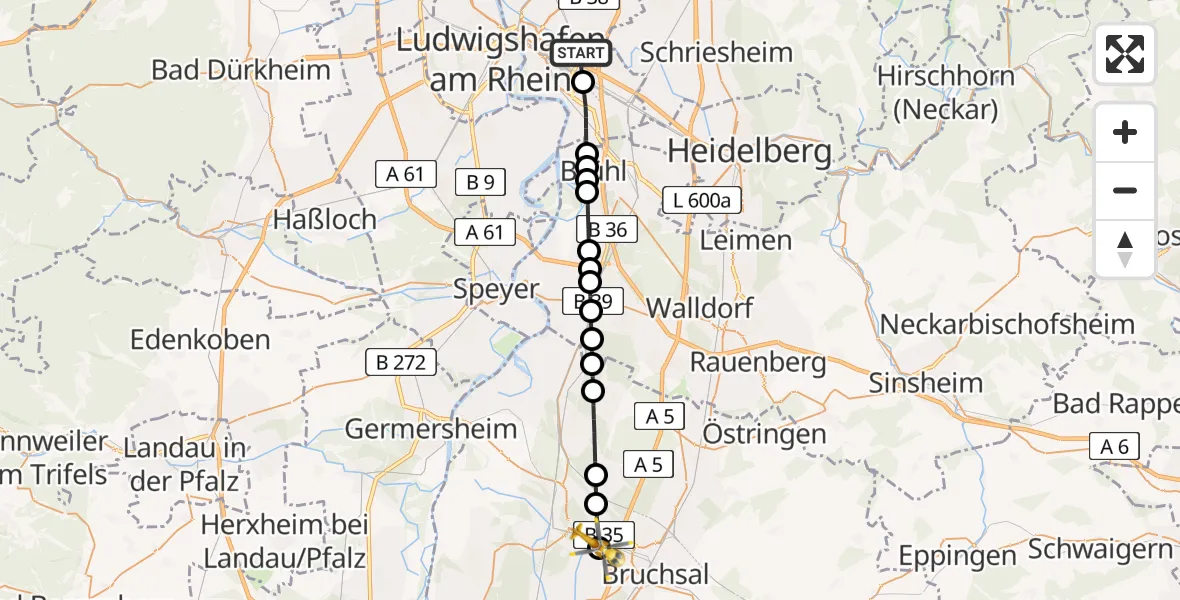 Flugroute Rettungshubschrauber Mannheim-City Flughafen - Karlsdorf-Neuthard, 07 August 2026, 11:07
