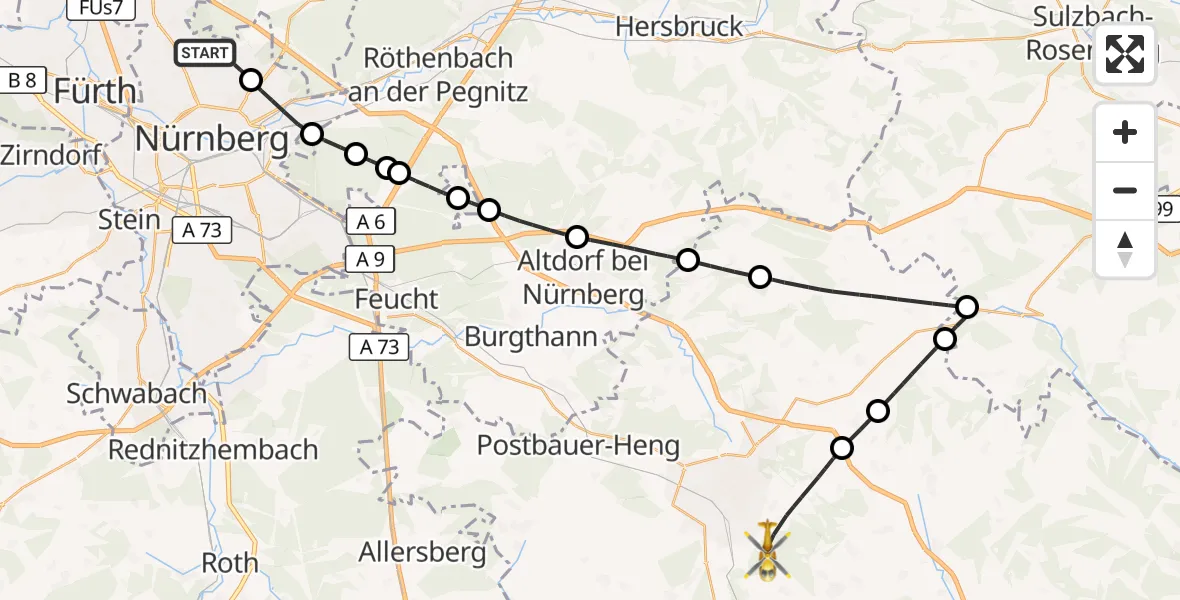 Flugroute Ambulanzhubschrauber Flughafen Nuremberg - Neumarkt i.d.OPf., 07 August 2026, 11:14