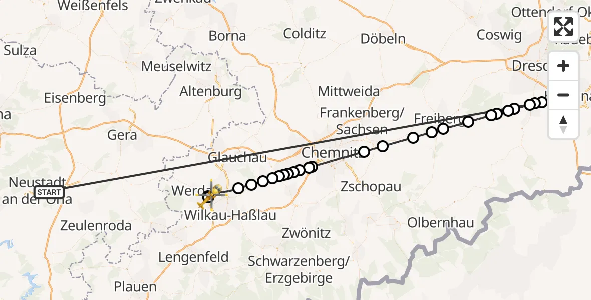 Flugroute Ambulanzhubschrauber Dreitzsch - ADAC Air Rescue Station Zwickau Hubschrauberlandeplatz, 07 August 2026, 11:16