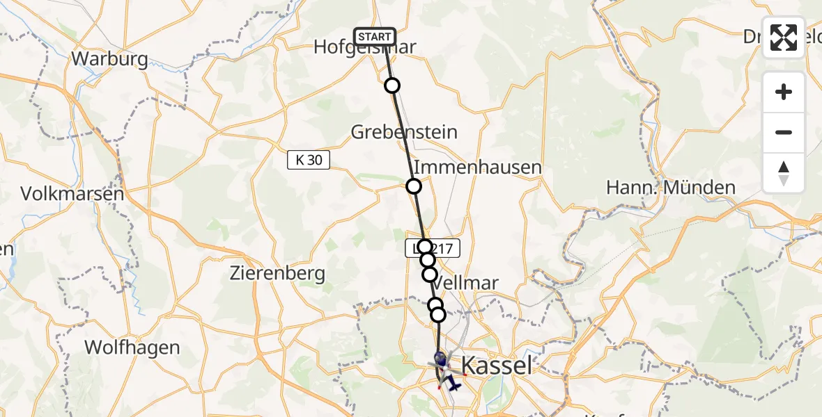 Flugroute Polizeihubschrauber Hofgeismar - Kassel, 07 August 2026, 11:19
