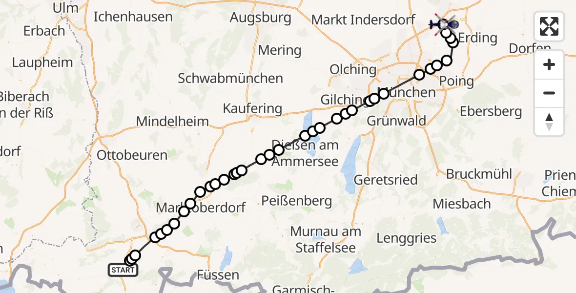 Flugroute Polizeihubschrauber Rettenberg - München Flughafen, 07 August 2026, 11:22