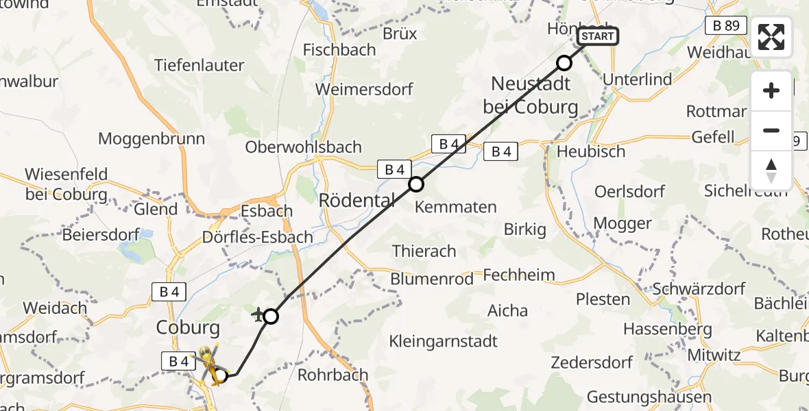 Flugroute Rettungshubschrauber Sonneberg - Regiomed Hospital Coburg, 07 August 2026, 11:22