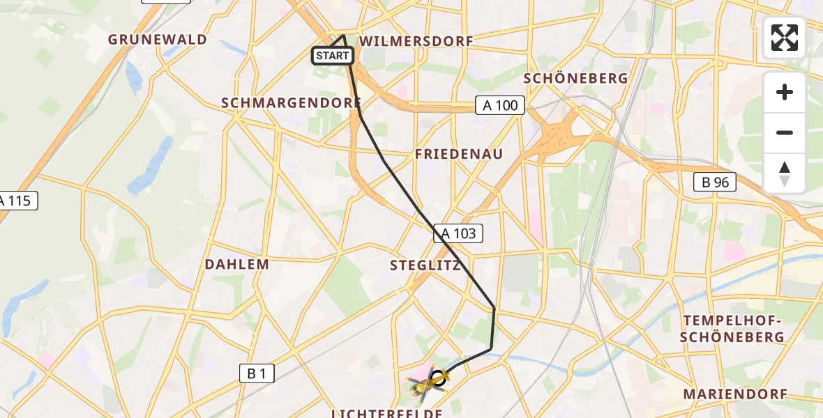 Flugroute Rettungshubschrauber Berlin - Charité Clinic Benjamin Franklin Campus, 07 August 2026, 11:24