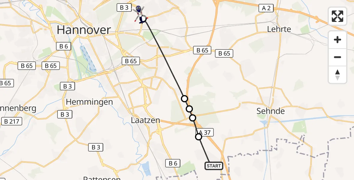 Flugroute Polizeihubschrauber Laatzen - Hannover Luftrettung Hubschrauberlandeplatz (Christoph 4), 07 August 2026, 11:25