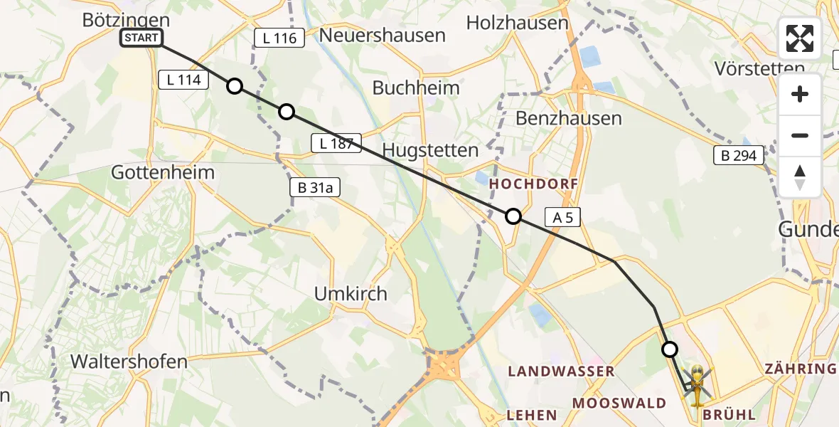 Flugroute Ambulanzhubschrauber Bötzingen - Freiburg im Breisgau Flugplatz, 07 August 2026, 11:31