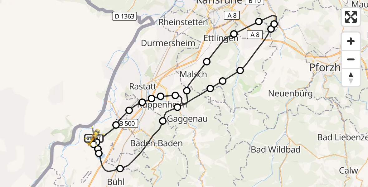 Flugroute Rettungshubschrauber Karlsruhe Baden-Baden Flughafen - Karlsruhe Baden-Baden Flughafen, 07 August 2026, 11:32