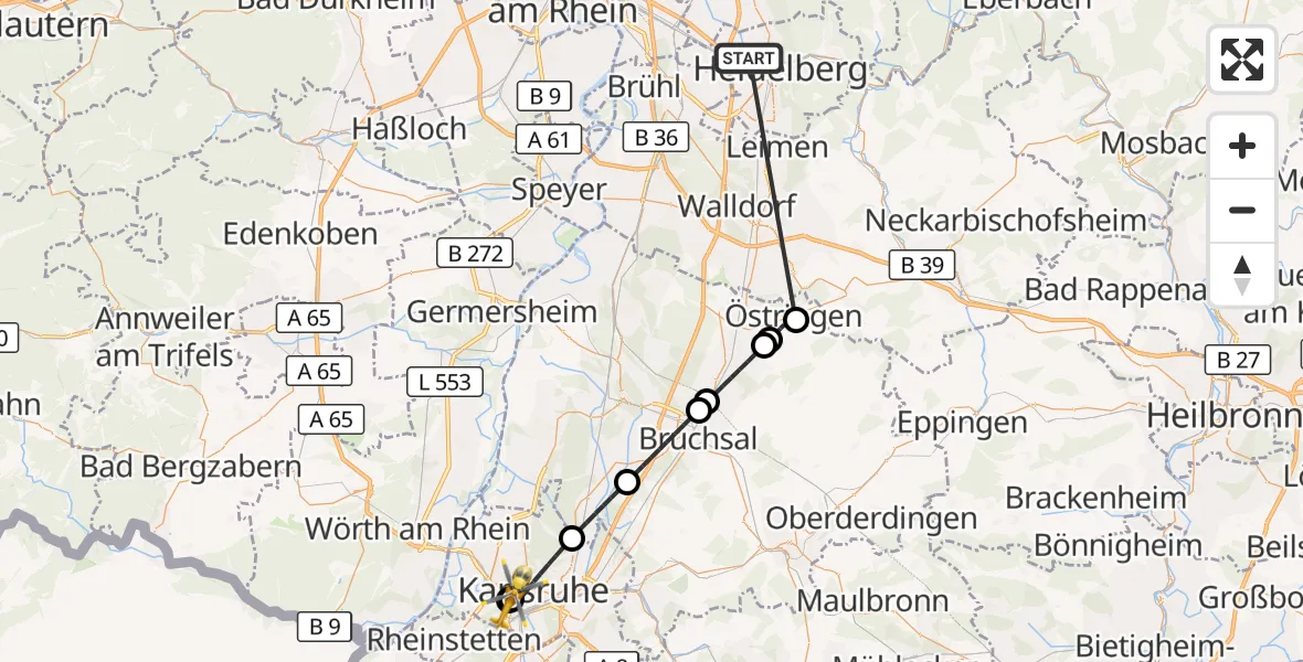 Flugroute Ambulanzhubschrauber Heidelberg - Sankt Vincentius Hospital, 07 August 2026, 11:37