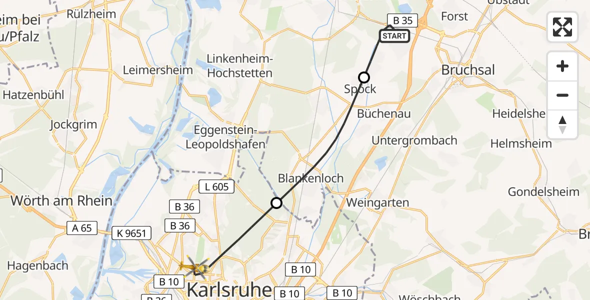 Flugroute Rettungshubschrauber Karlsdorf-Neuthard - Karlsruhe, 07 August 2026, 11:39