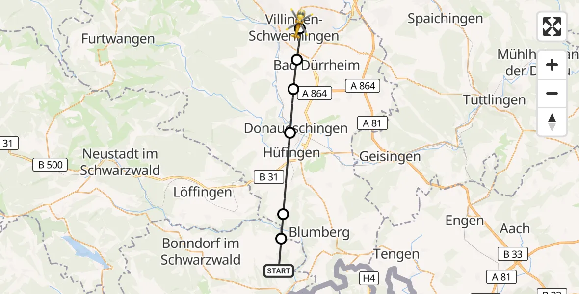 Flugroute Ambulanzhubschrauber Stühlingen - DRF Air Rescue Station Villingen-Schwenningen Hubschrauberlandeplatz (Christoph 11), 07 August 2026, 11:41