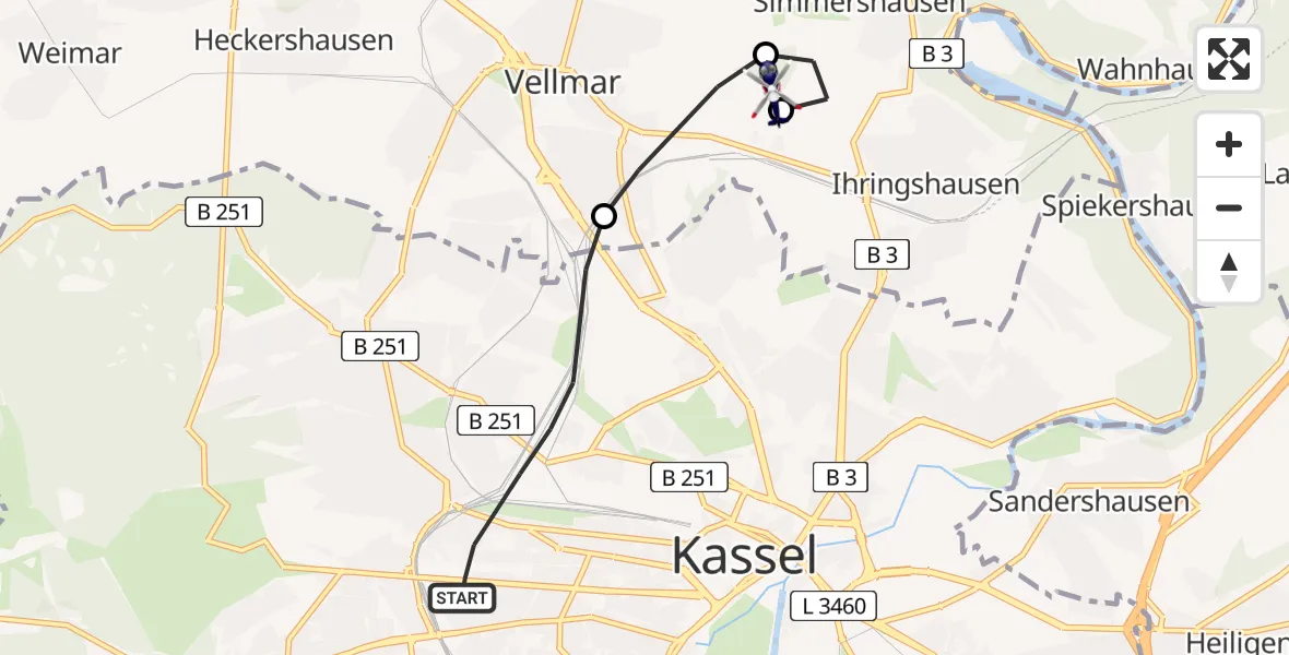 Flugroute Polizeihubschrauber Kassel - Fuldatal Bundespolizei Hubschrauberlandeplatz, 07 August 2026, 11:53