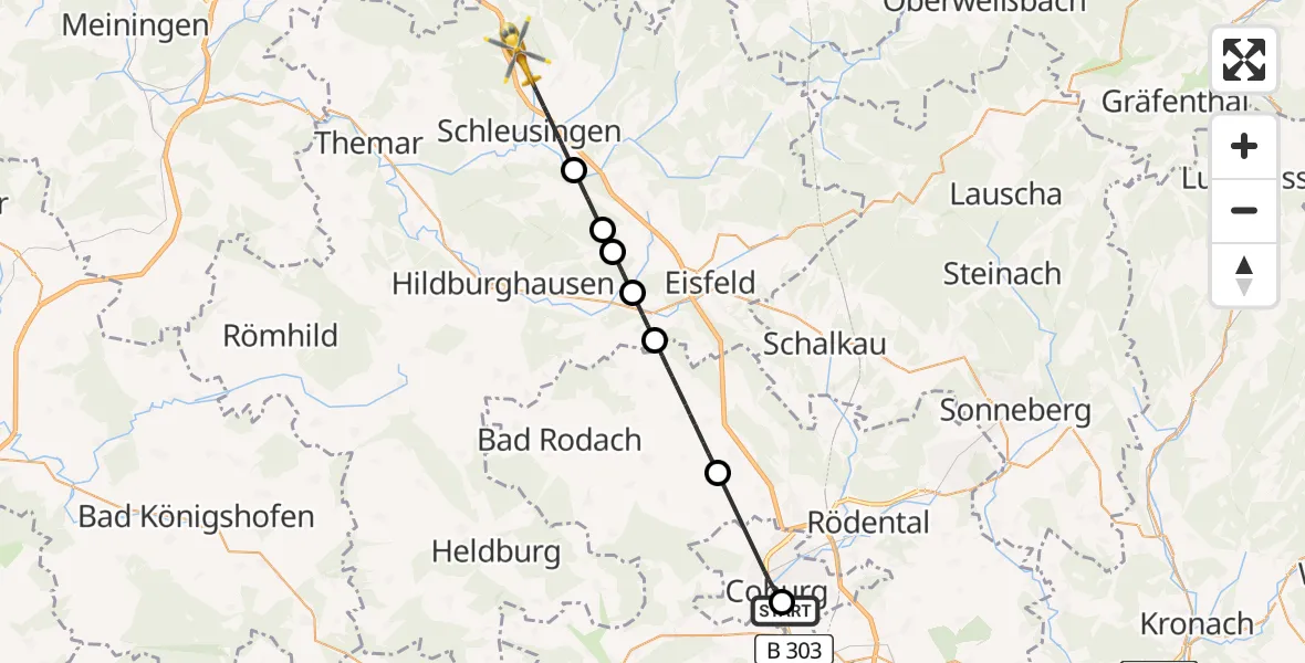 Flugroute Rettungshubschrauber Regiomed Hospital Coburg - Schleusingen, 07 August 2026, 12:00